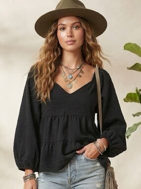 Old Navy V-Neck Tiered Peasant Blouse with tiered body and oversized sleeves